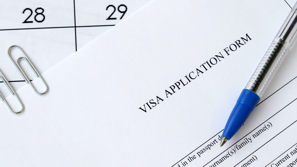 Typical Visa application form and blue pen on paper calendar page close up